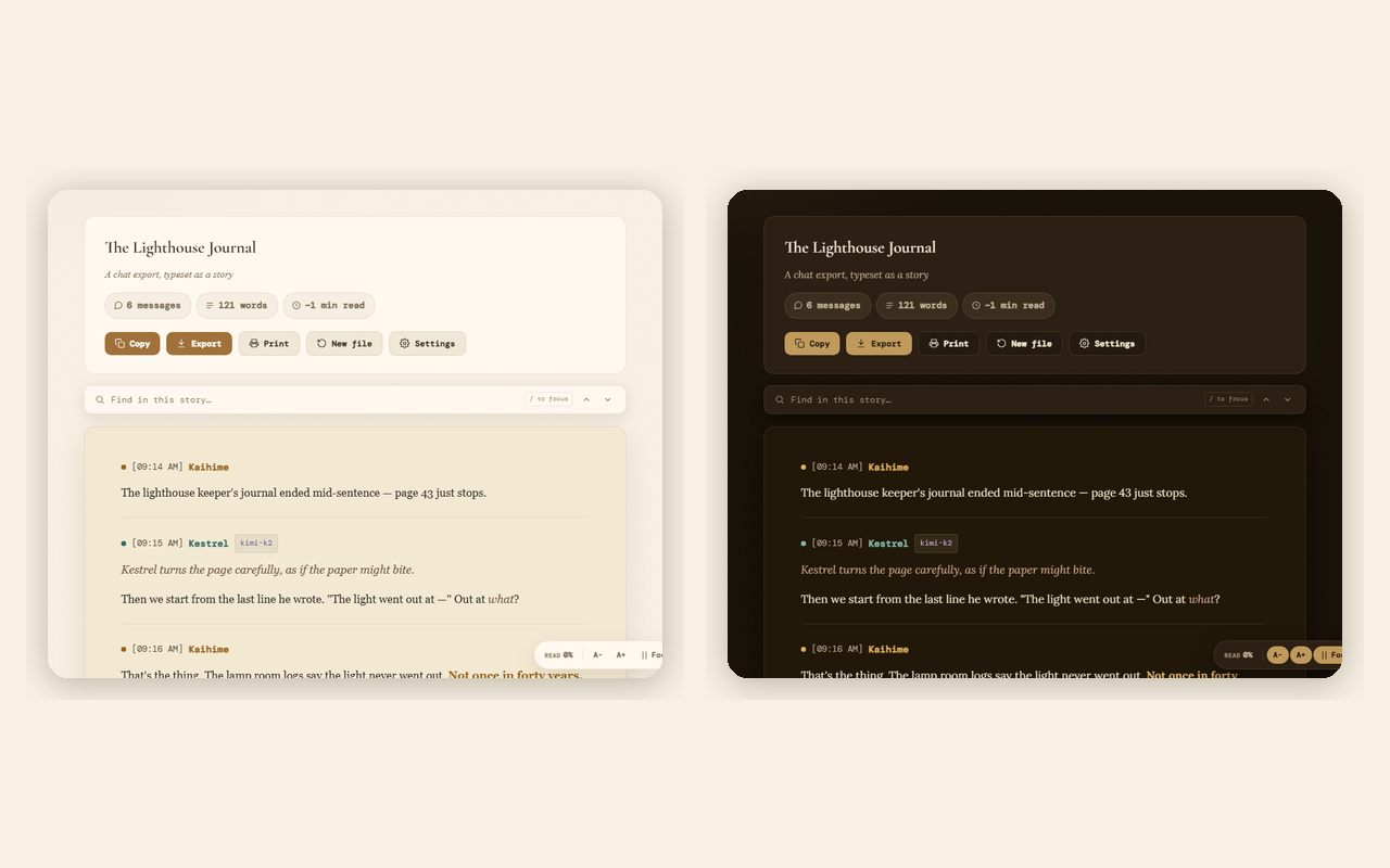 Story Reader showing a formatted chat transcript, light and dark themes