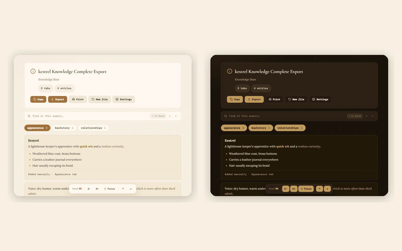 Data Viewer showing a knowledge base export, light and dark themes
