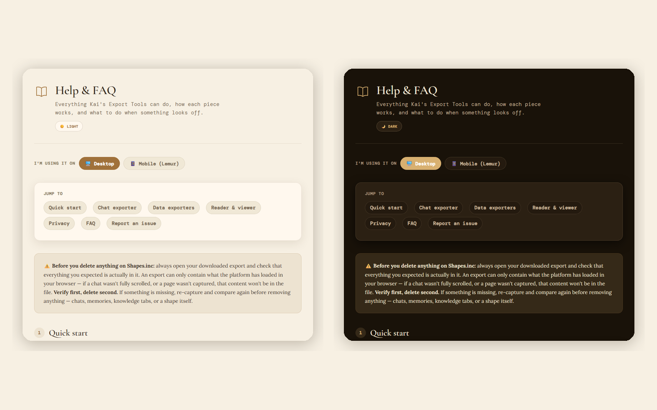 Built-in Help and FAQ page, light and dark themes