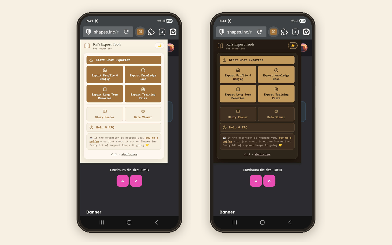 The extension menu on mobile, in light and dark Cozy Cafe