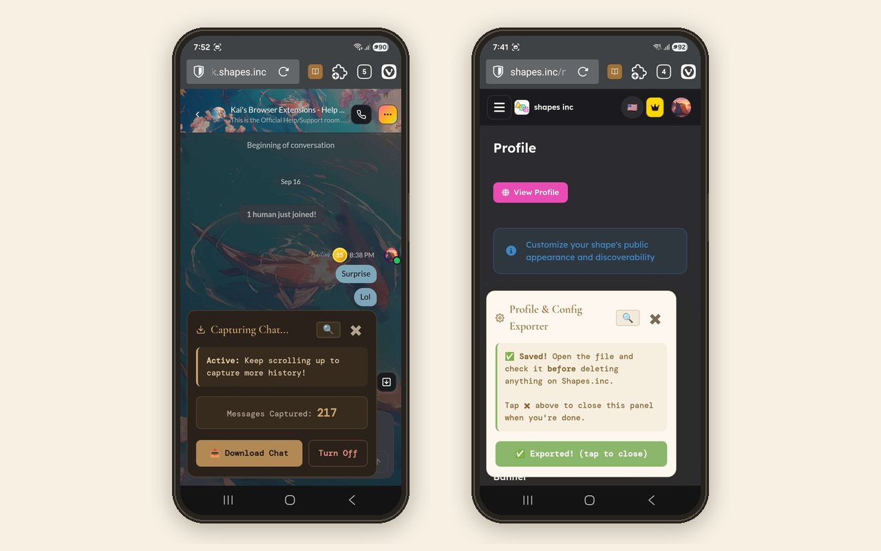 Export panels on a phone screen