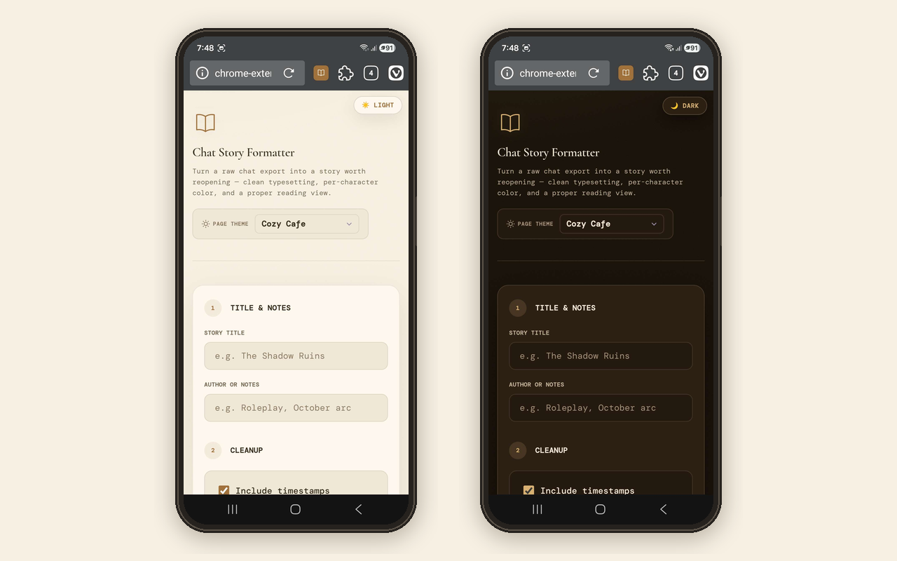 Story Reader on a phone in light and dark themes