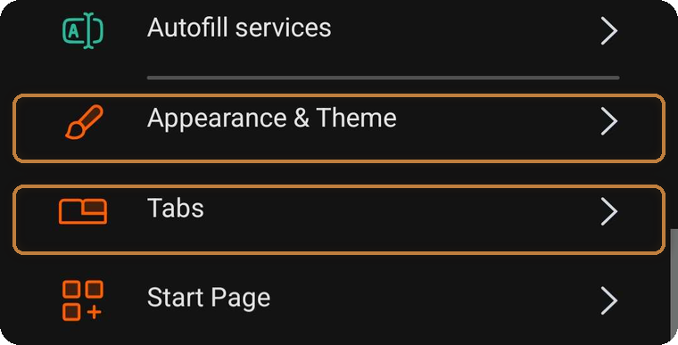 Vivaldi's Settings list with Appearance & Theme and Tabs highlighted