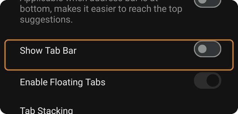 The Show Tab Bar toggle in Tabs settings